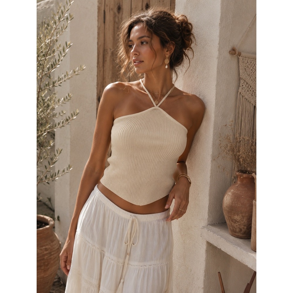 Commense Ribbed Halterneck Beige Top Size Small - Picture 2 of 8